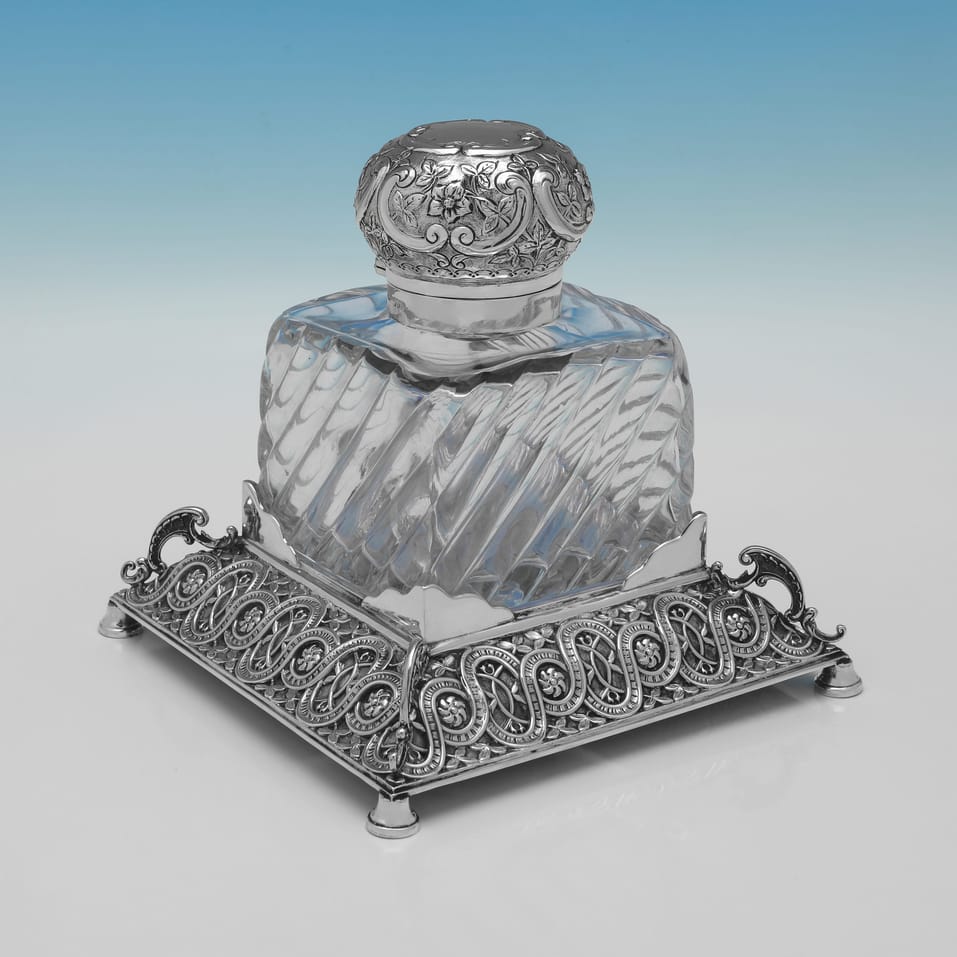 Antique Sterling Silver & Glass Oversized Ink Stand - John Newton Mappin, hallmarked in 1893 London - Victorian