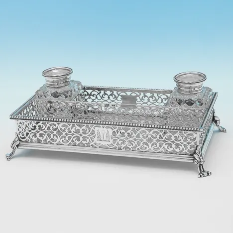 Antique Sterling Silver & Glass Gallery Ink Stand - Samuel Smily, hallmarked in 1845 London - Victorian