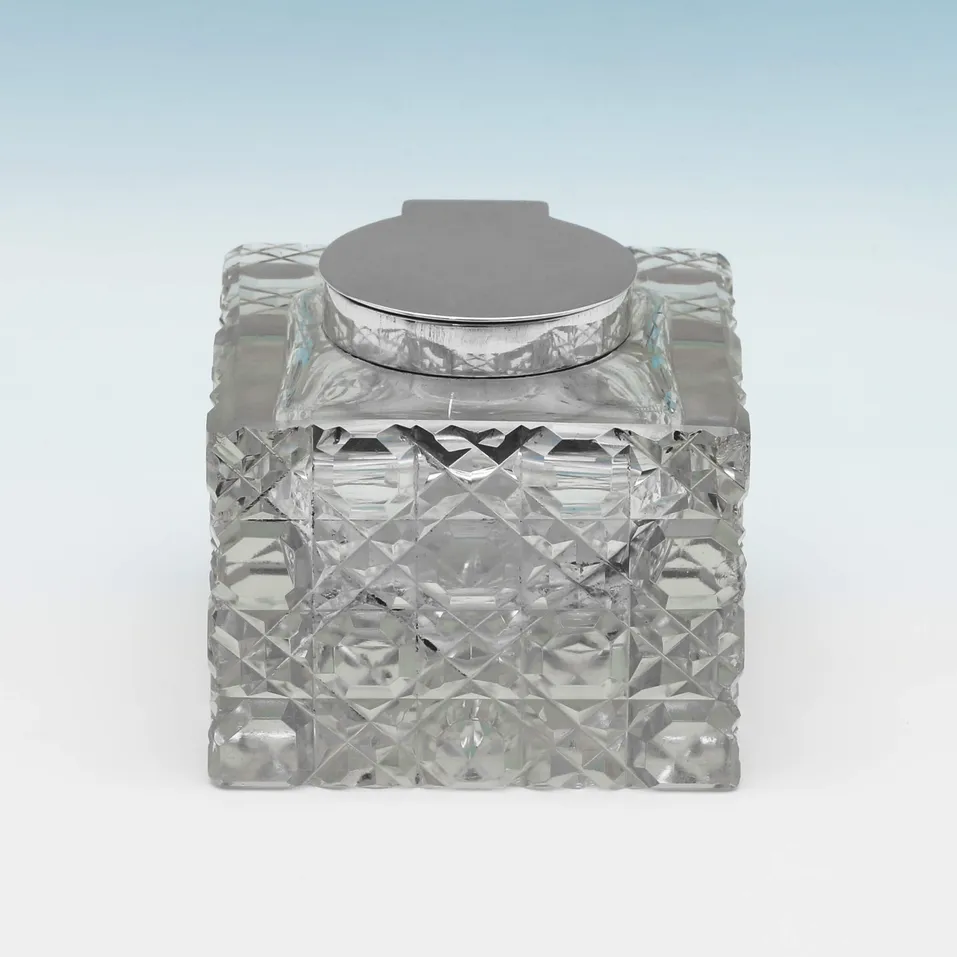 Antique Sterling Silver & Glass Ink stand - Mappin & Webb, hallmarked in 1916 Birmingham - George V
