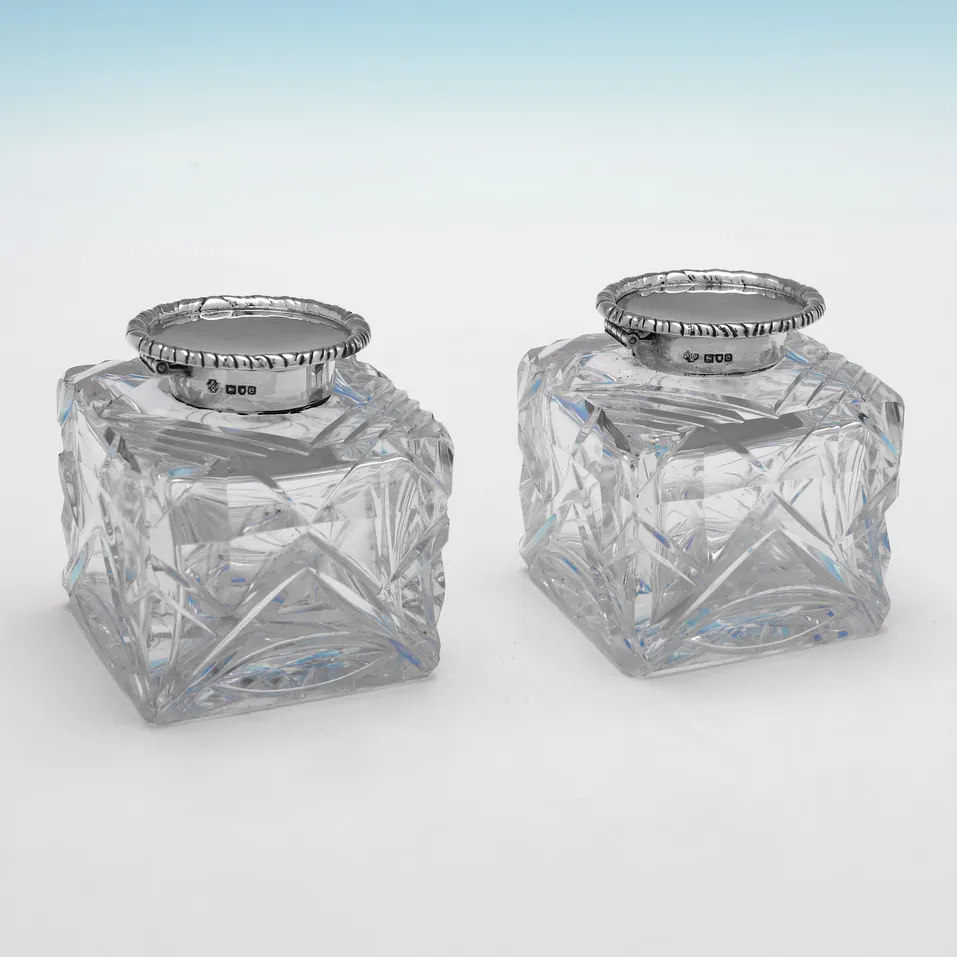 Antique Sterling Silver & Glass Inkstand - William Hutton & Sons, hallmarked in 1900 London - Victorian - Image 5