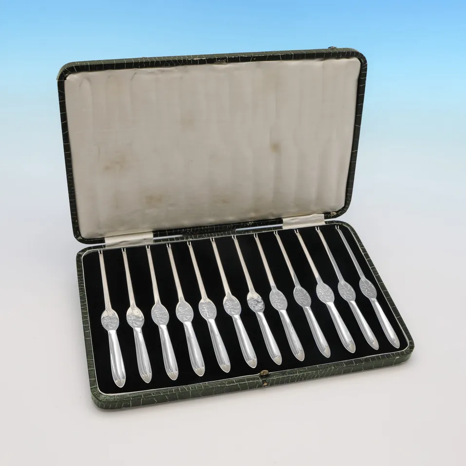 Sterling Silver Set of 12 Lobster Picks - Charles Boyton & Sons, hallmarked in 1933 Sheffield - George V