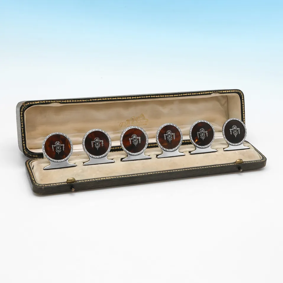 Antique Sterling Silver & Tortoiseshell Set of 6 Menu Holders - E. S. Barnsley & Co., hallmarked in 1911 Birmingham - George V - Image 1