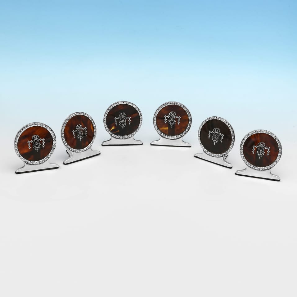 Antique Sterling Silver & Tortoiseshell Set of 6 Menu Holders - E. S. Barnsley & Co., hallmarked in 1911 Birmingham - George V - Image 2