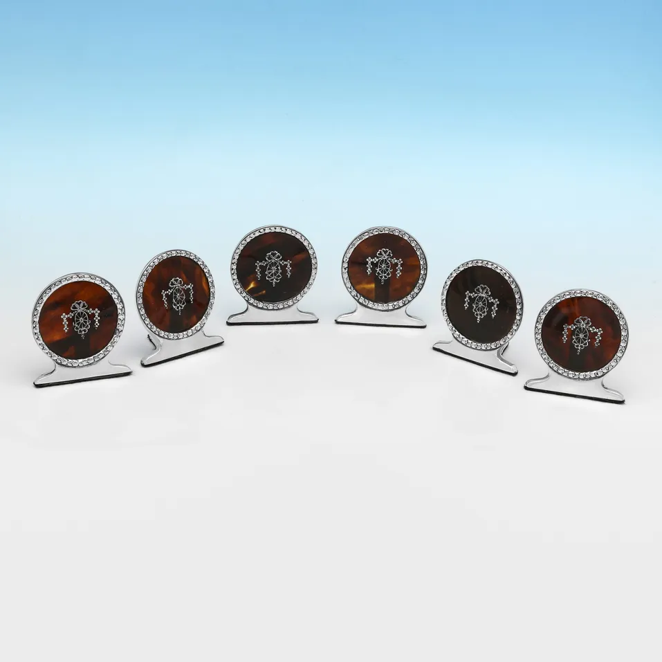 Antique Sterling Silver & Tortoiseshell Set of 6 Menu Holders - E. S. Barnsley & Co., hallmarked in 1911 Birmingham - George V - Image 2