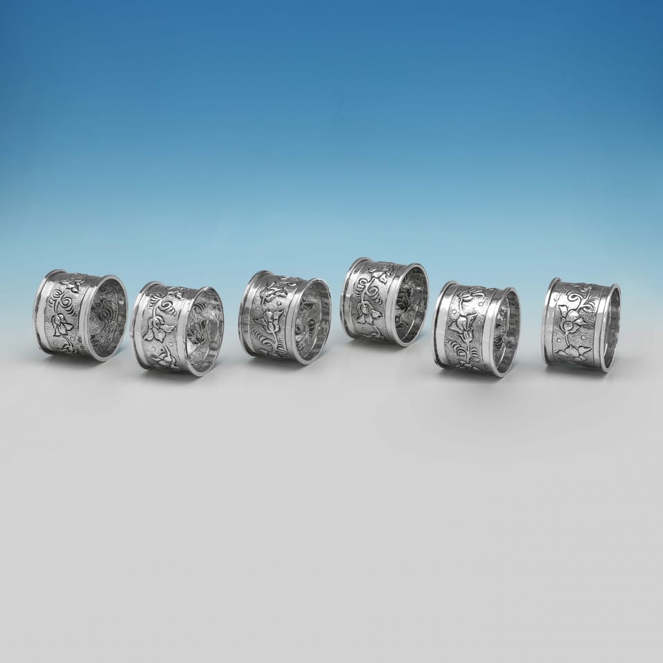 Antique Sterling Silver Set of 6 Napkin Rings - A. E. Jones, hallmarked in 1908 Birmingham - Edwardian - Image 2