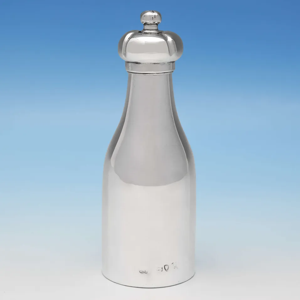Antique Sterling Silver Novelty 'Champagne Bottle' Pepper Grinder - J. H. Middelton, hallmarked in 1886 London - Victorian