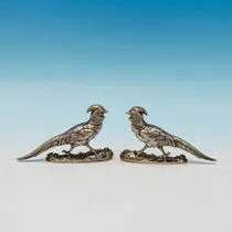 Antique Sterling Silver Pair of Novelty Pheasant Pepper Pots - Charles Boyton, hallmarked in 1888 London - Victorian - Thumbnail 1
