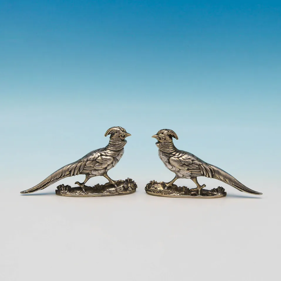 Antique Sterling Silver Pair of Novelty Pheasant Pepper Pots - Charles Boyton, hallmarked in 1888 London - Victorian