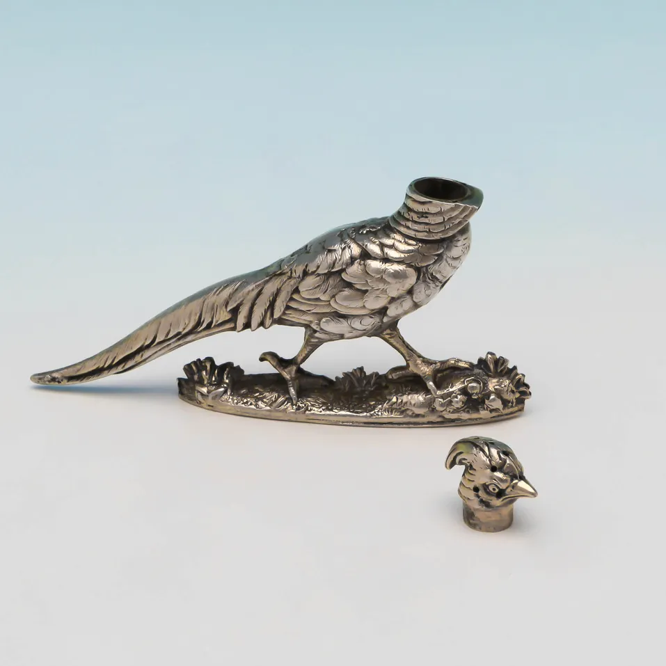 Antique Sterling Silver Pair of Novelty Pheasant Pepper Pots - Charles Boyton, hallmarked in 1888 London - Victorian - Image 3