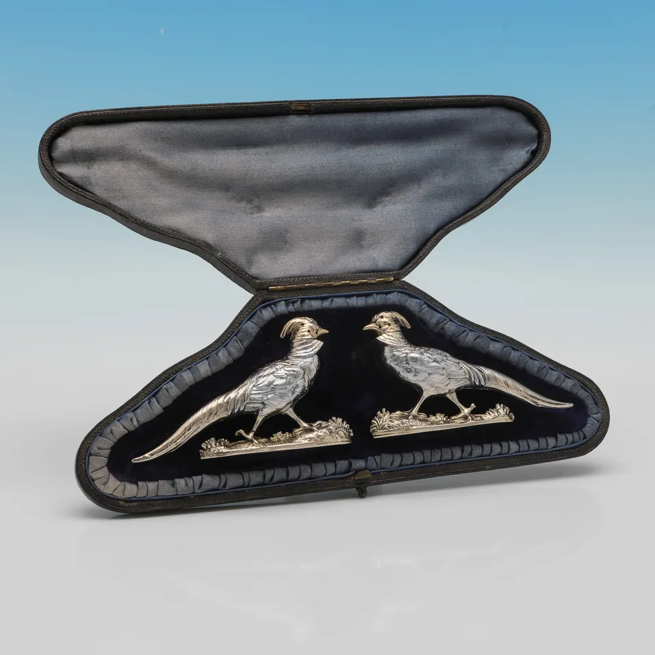 Antique Sterling Silver Pair of Novelty Pheasant Pepper Pots - Charles Boyton II, hallmarked in 1888 London - Victorian