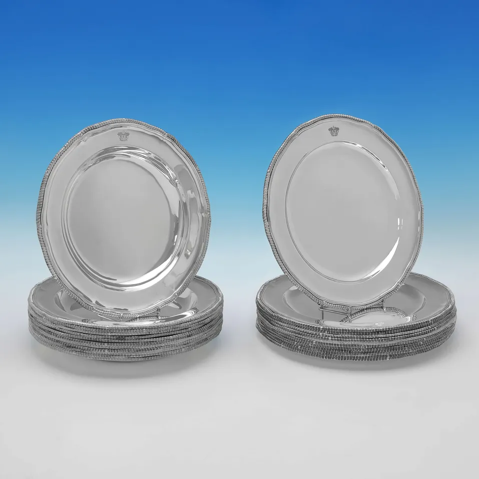 Antique Sterling Silver Set of 12 Plates & 12 Soup Plates - Sydney Bellamy Harman, hallmarked in 1910 London - George V