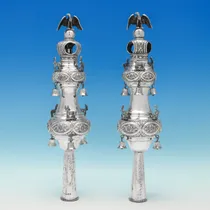 Antique Sterling Silver Pair of Rimonim - Morris Salkind, hallmarked in 1920 London - George V - Thumbnail 1