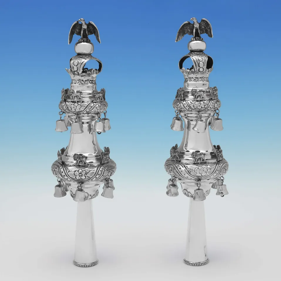 Antique Sterling Silver Rimonim - Morris Salkind, hallmarked in 1916 London - George V - Image 1