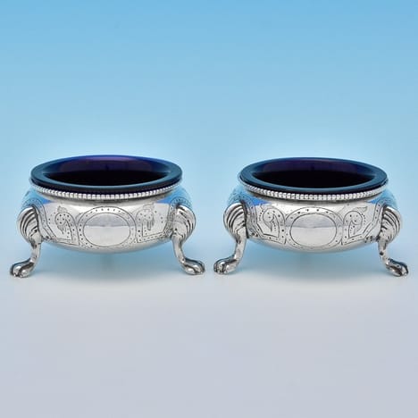 Antique Sterling Silver Pair Of Salt Cellars - Robert Hennell II Hallmarked In 1869 London - Victorian - Image 1