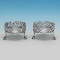 Antique Sterling Silver & Glass Pair of Pierced Salt Cellars - John Langford II & John Sebille, hallmarked in 1763 London - George III - Thumbnail 1