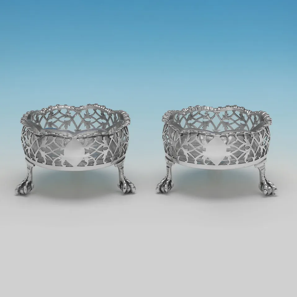 Antique Sterling Silver & Glass Pair of Pierced Salt Cellars - John Langford II & John Sebille, hallmarked in 1763 London - George III - Image 1