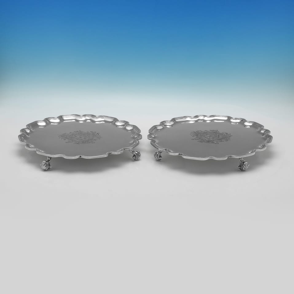 Sterling Silver Pair of Chippendale Salvers - Crate & Mansell, hallmarked in 1939 London - George VI