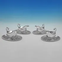 Sterling Silver Set of 4 Sauce Boats on Trays - Roberts & Belk, hallmarked in 1968 Sheffield - Elizabeth II - Thumbnail 1