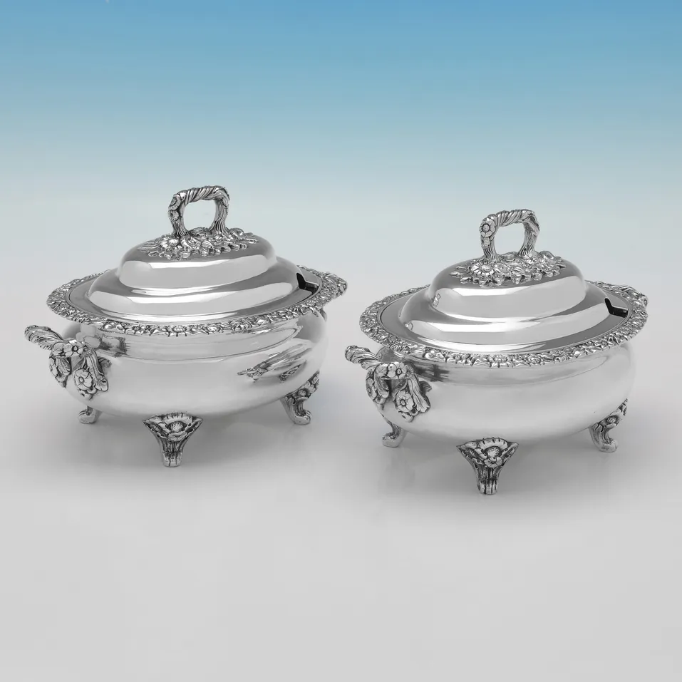 Antique Sterling Silver Pair of Scottish Sauce Tureens - Marshall & Sons, hallmarked in 1829 Edinburgh - George IV