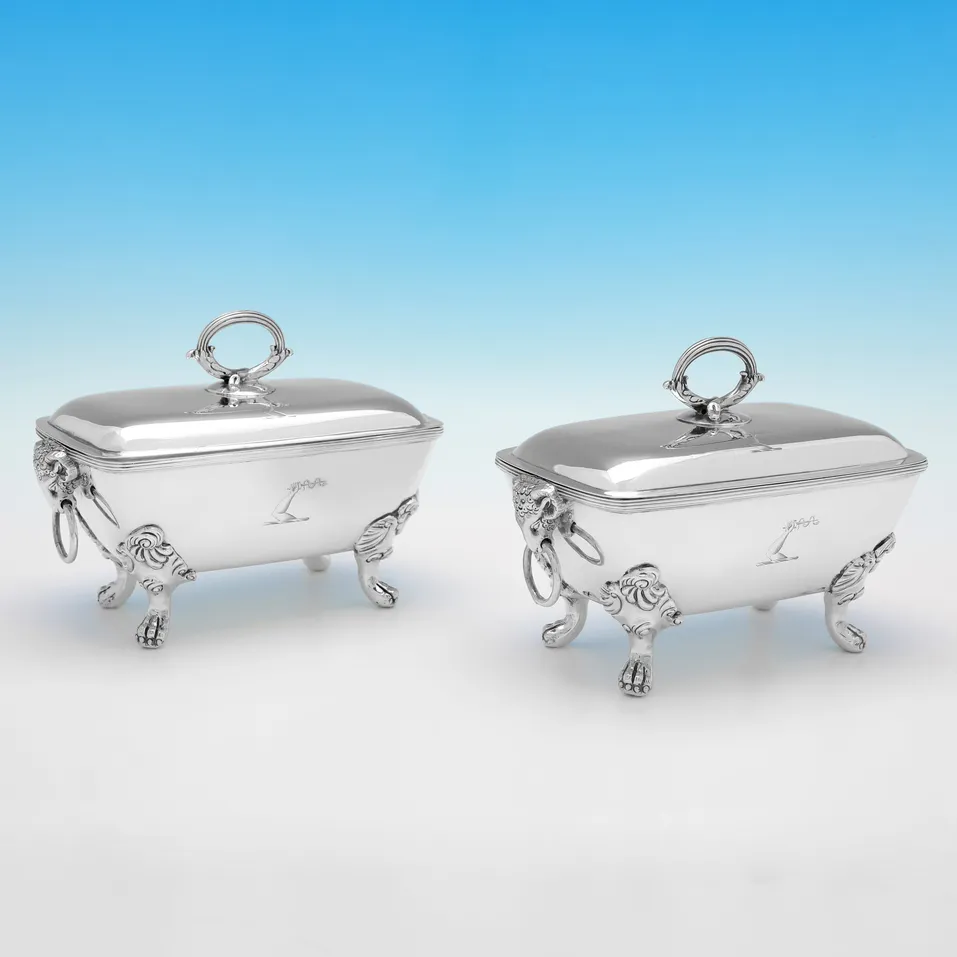 Antique Sterling Silver Pair of Sauce Tureens - John Emes, hallmarked in 1801 London - George III