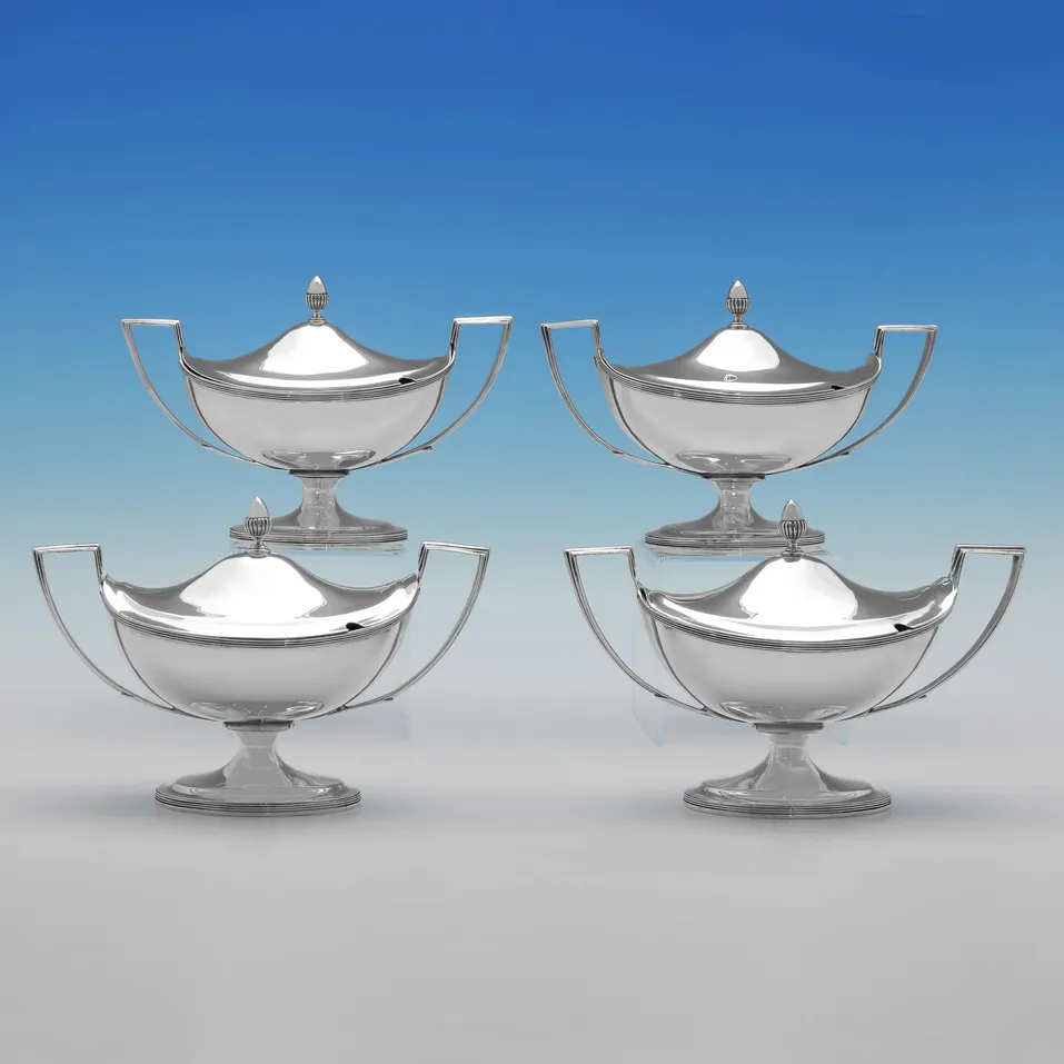Antique Sterling Silver Set of 4 sauce tureens - John Emes, hallmarked in 1802 London - George III