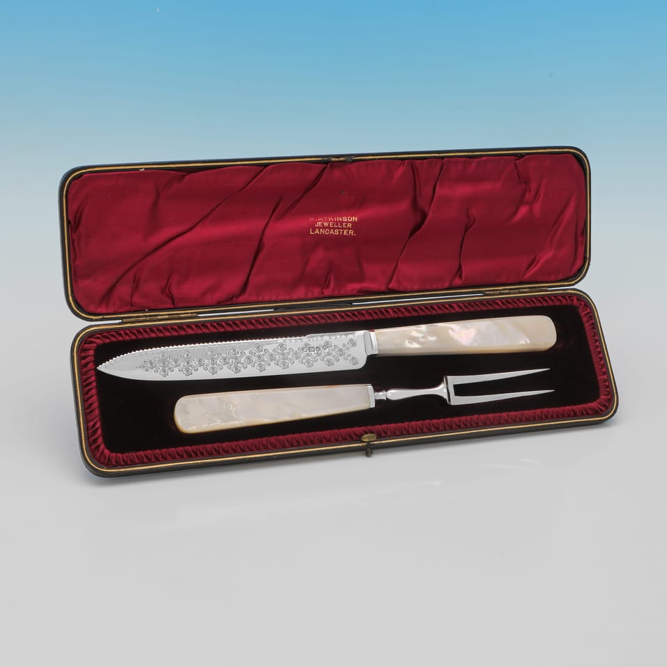 Antique Sterling Silver & Mother of Pearl Cake serving Knife & Fork - Martin, Hall & Co., hallmarked in 1897 Sheffield - Victorian