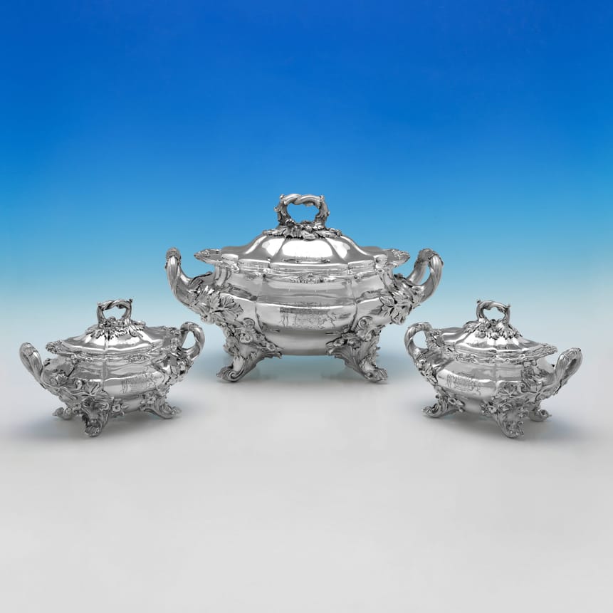 Antique Sterling Silver Soup Tureen and Pair of Sauce Tureens - William Ker Reid, hallmarked in 1829 London - George IV