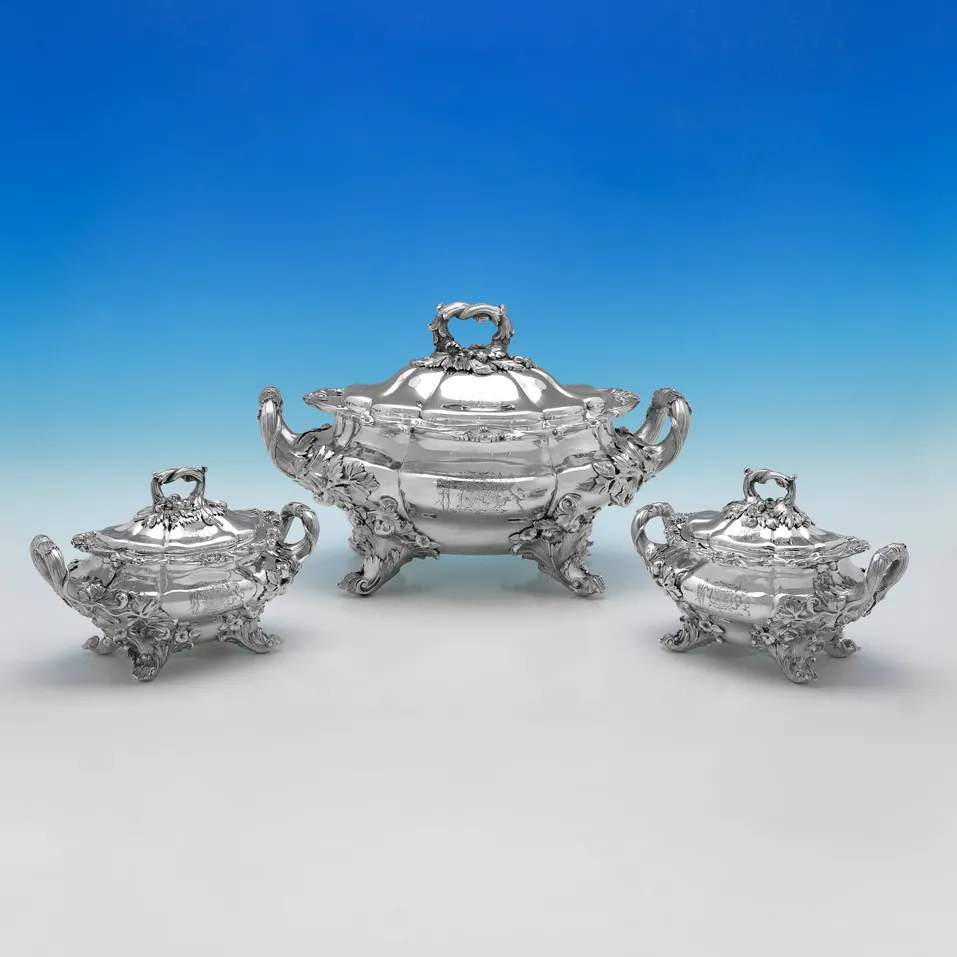 Antique Sterling Silver Soup Tureen and Pair of Sauce Tureens - William Ker Reid, hallmarked in 1829 London - George IV