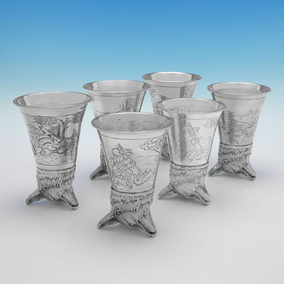 Antique Sterling Silver Matched Collection of 6 Stirrup Cups - Berthold Muller, hallmarked in 1904 London - Edwardian