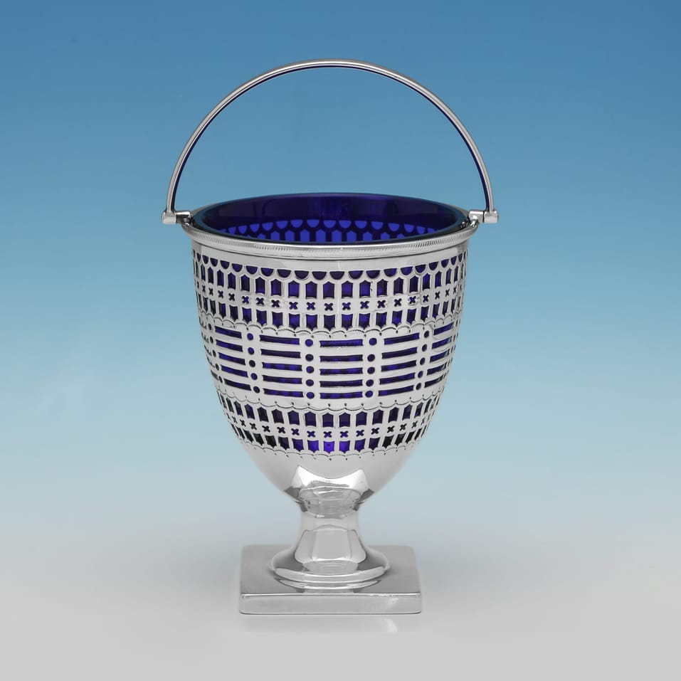 Antique Sterling Silver & Glass Sugar Basket - Henry Atkin, hallmarked in 1911 Sheffield - George V