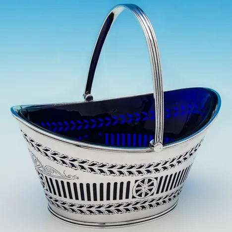 Antique Sterling Silver & Glass Oval Sugar Basket - Henry Atkin, hallmarked in 1901 Sheffield - Edwardian