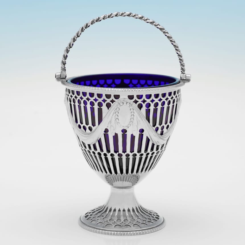 Antique Sterling Silver & Glass Sugar Basket - Burrage Davenport, hallmarked in 1777 London - George III