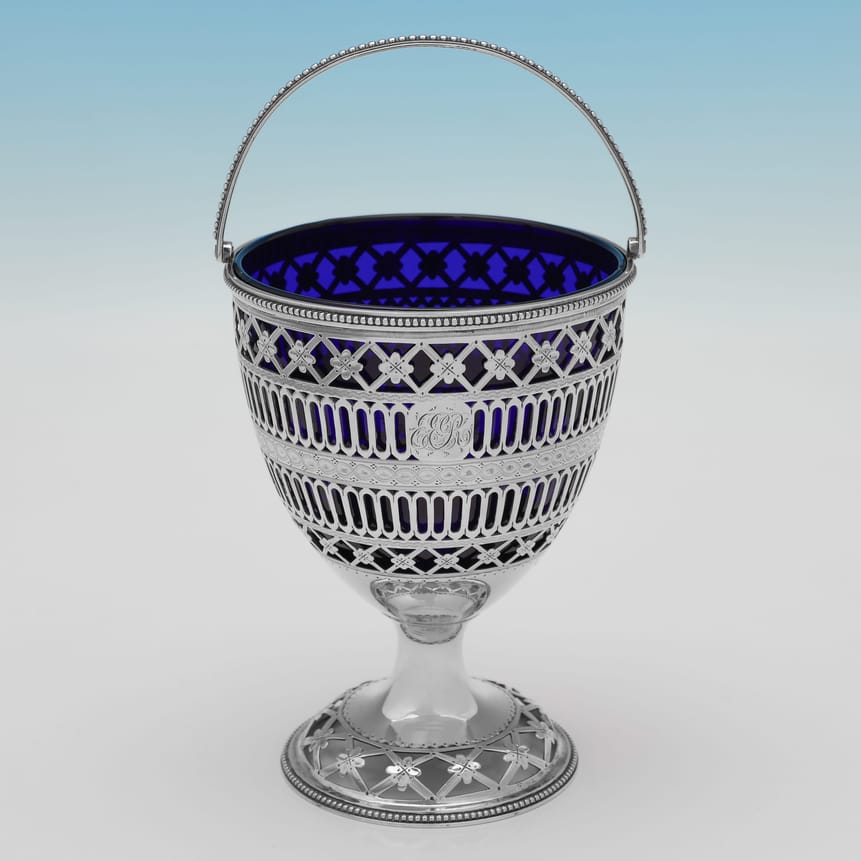 Antique Sterling Silver & Glass Sugar Basket - Hester Bateman, hallmarked in 1782 London - George III