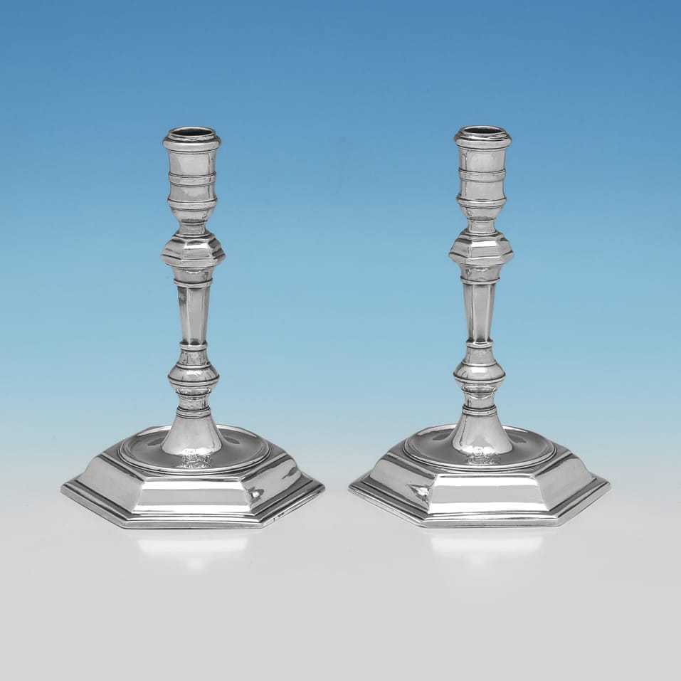 Antique Sterling Silver Pair of Tapersticks - Francis Turner, hallmarked in 1723 London - George I