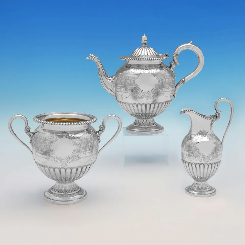Antique Sterling Silver 3 Piece 'Urn' Shape Tea Set - Roberts & Belk, hallmarked in 1876 Sheffield - Victorian