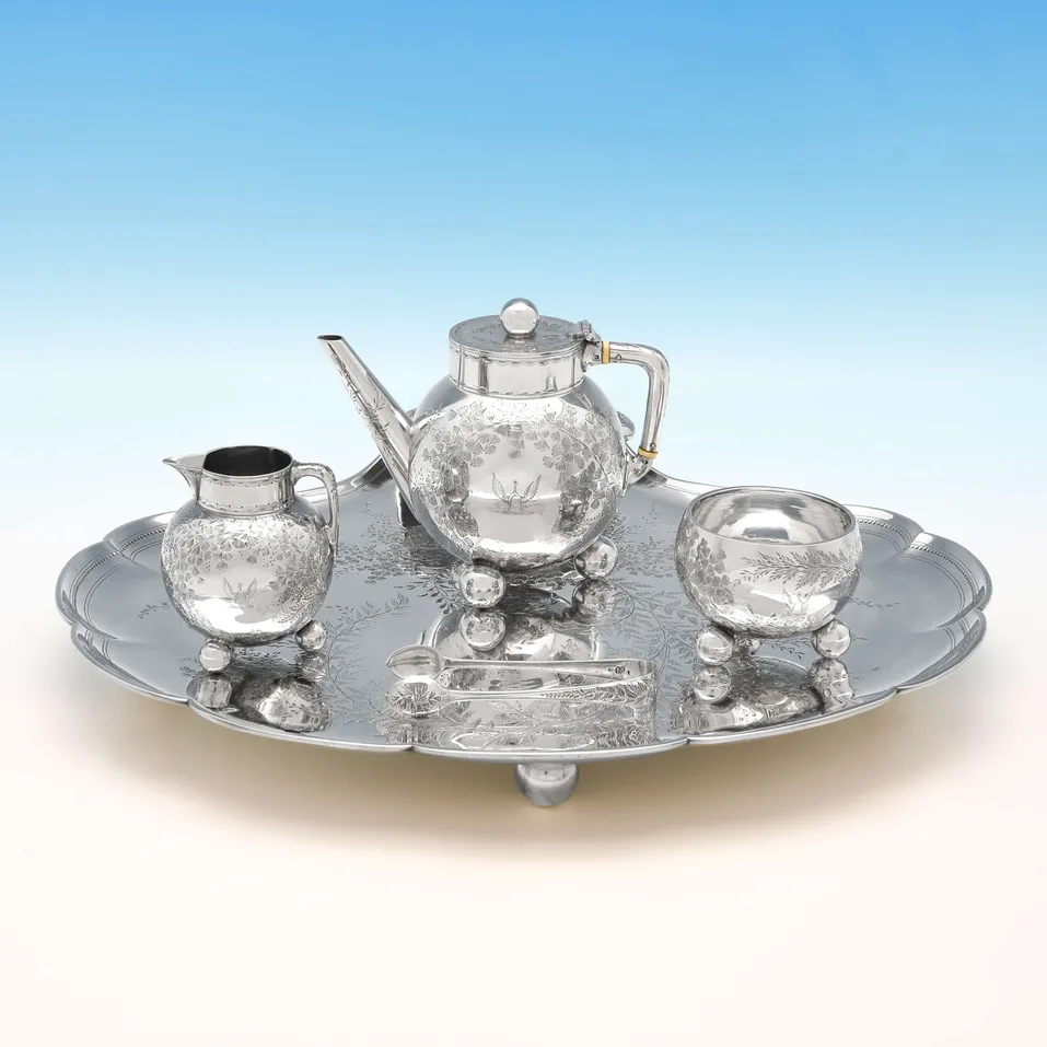 Antique Sterling Silver Aesthetic Period Batchelor Tea Set & Tray - Elkington & Co., hallmarked in 1878 London - Victorian