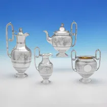 Antique Sterling Silver 'Roman Revival' 4 Piece Tea Set - Roberts & Belk, hallmarked in 1875 Sheffield - Victorian - Thumbnail 1