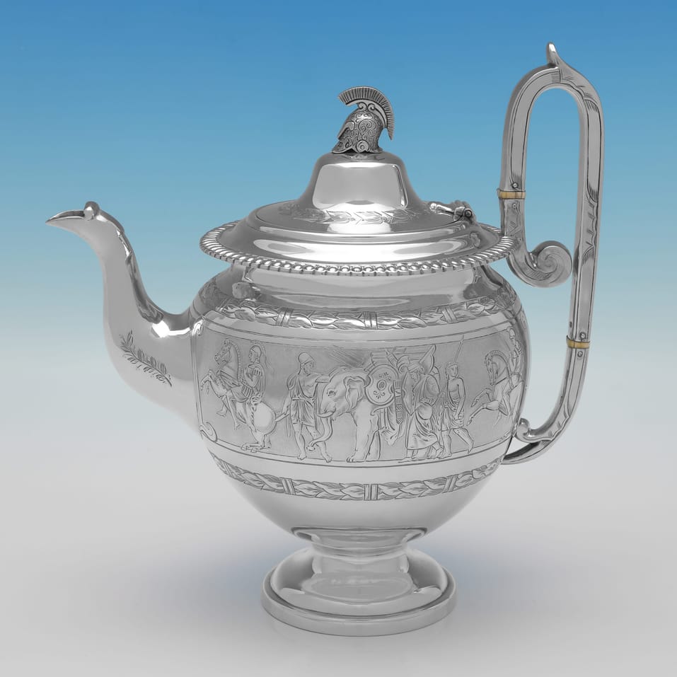 Antique Sterling Silver 'Roman Revival' 4 Piece Tea Set - Roberts & Belk, hallmarked in 1875 Sheffield - Victorian - Image 13