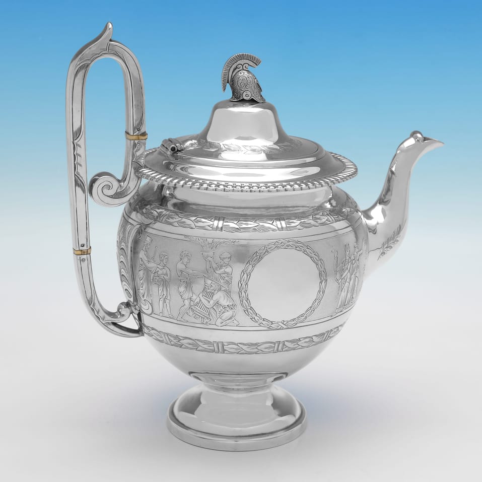 Antique Sterling Silver 'Roman Revival' 4 Piece Tea Set - Roberts & Belk, hallmarked in 1875 Sheffield - Victorian - Image 14