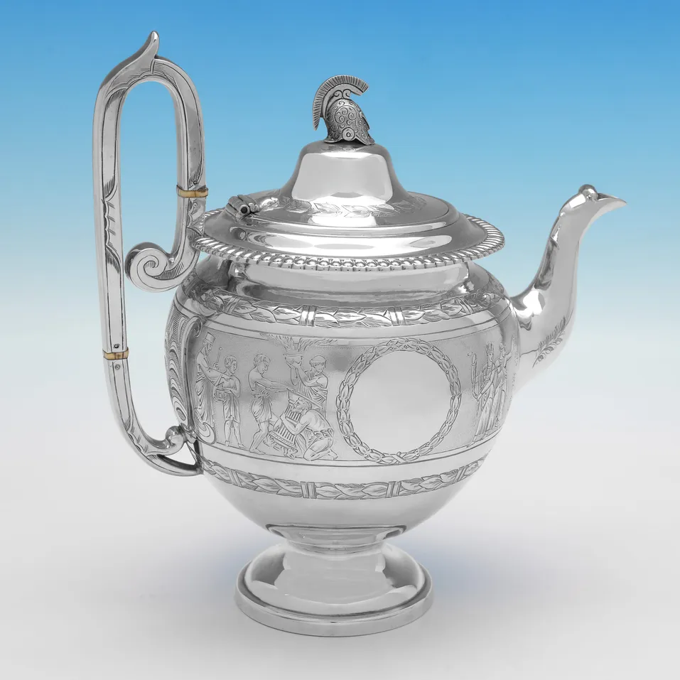 Antique Sterling Silver 'Roman Revival' 4 Piece Tea Set - Roberts & Belk, hallmarked in 1875 Sheffield - Victorian - Image 14