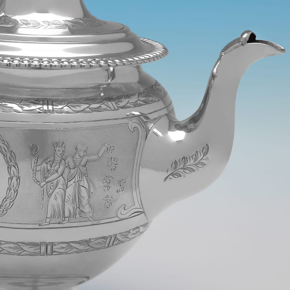 Antique Sterling Silver 'Roman Revival' 4 Piece Tea Set - Roberts & Belk, hallmarked in 1875 Sheffield - Victorian - Image 15