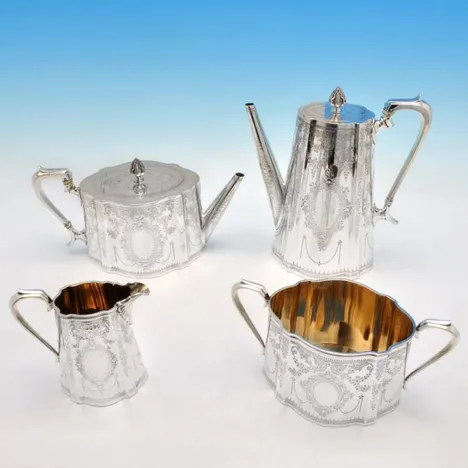 Antique Sterling Silver 4 Piece 'Can' Shaped Tea Set - A. B. Savory & Sons, hallmarked in 1880 London - Victorian