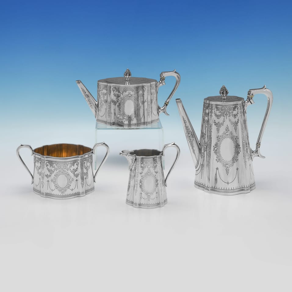 Antique Sterling Silver 4 Piece 'Can' Shaped Tea Set - A. B. Savory & Sons, hallmarked in 1880 London - Victorian