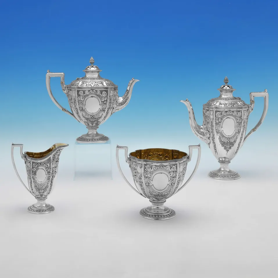 Antique Sterling Silver 4 Piece Tea Set - Martin, Hall & Co., hallmarked in 1876 London - Victorian
