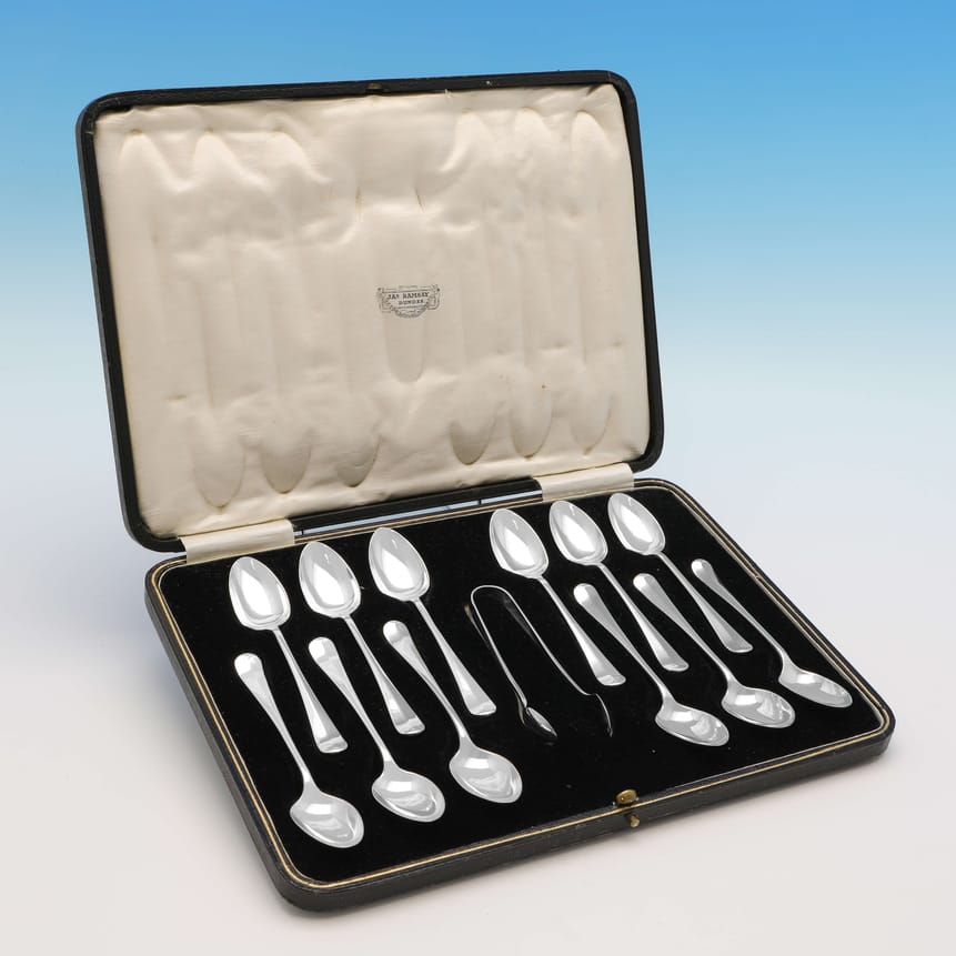 Sterling Silver Set Of 12 Tea Spoons & Sugar Tongs - Cooper Brothers & Sons Hallmarked In 1932 Sheffield - George V - Im