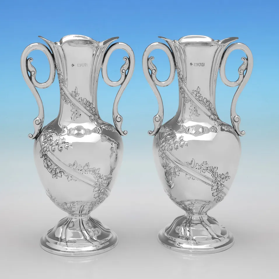 Antique Sterling Silver Pair of Vases - William Hutton & Sons, hallmarked in 1903 London - Edwardian