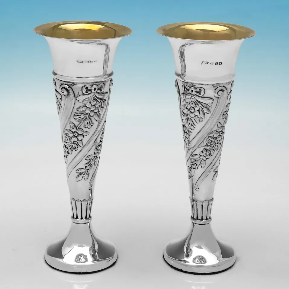 Antique Sterling Silver Pair of Vases - Walker & Hall, hallmarked in 1899 Birmingham - Victorian