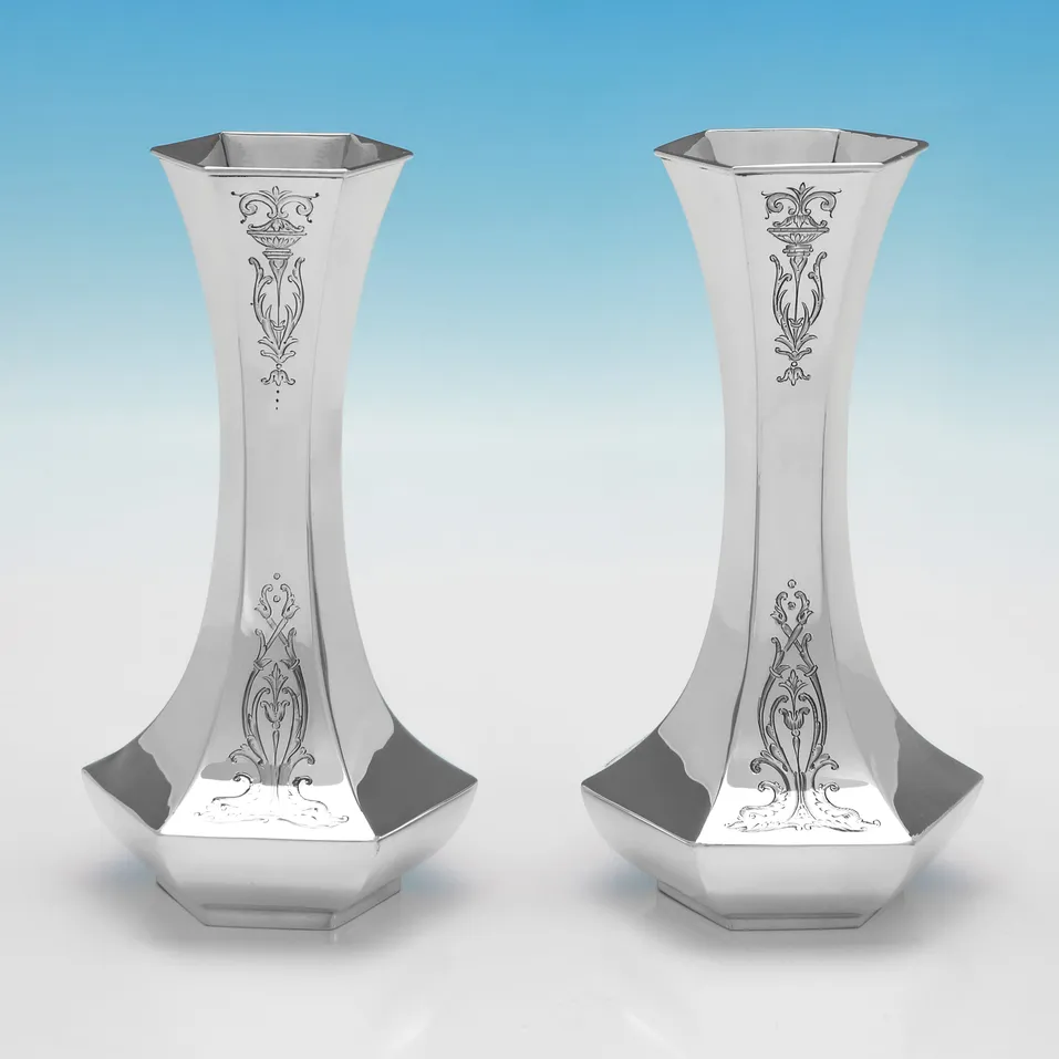 Antique Sterling Silver Pair of Vases - Gorham Manufacturing Co., hallmarked in 1908 Edinburgh - Edwardian