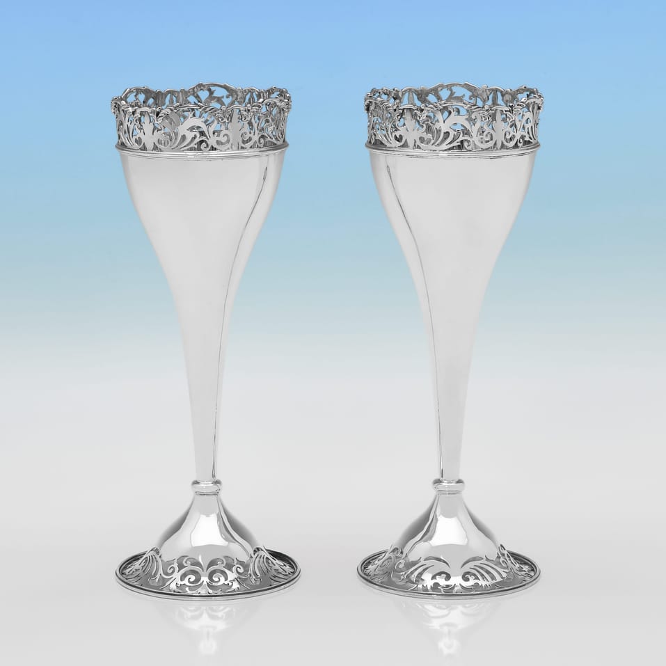 Antique Sterling Silver Pair of Vases - Jackson & Fullerton, hallmarked in 1913 London - George V