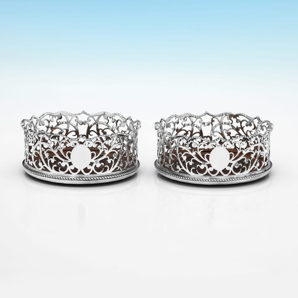 Antique Sterling Silver Pair of Wine Coasters - Thomas Nash, hallmarked in 1769 London - George III